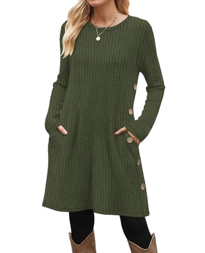 Image of OFEEFAN Long Sleeve Dress for Women Crew Neck Fall and Winter Tunic Dress with Pockets