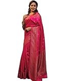SAMAH Banarasi Jacquard Kanjivaram - Sari de seda para mujer con blusa sin costuras, Rani Rosa, talla �nica