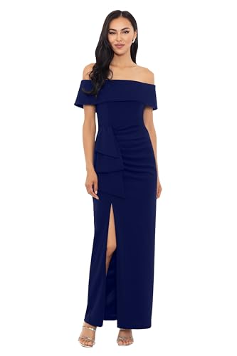 Image of Xscape Women's Long Flower Ilusion Sleeve Off-the-Shoulder Scuba Crepe Gown