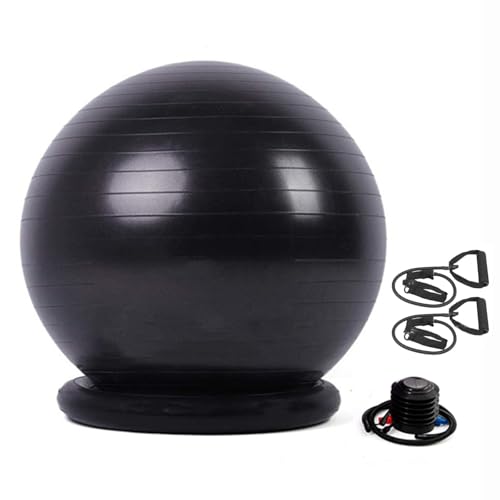 Exercise Ball Chair with Resistance Bands, Home Office Yoga Ball Stability Base Kits for Fitness Pregnancy Physical Therapy, 55 65 75cm Balance Ball Posture Chair(Black,Diameter 65cm(25 3/5 inch))