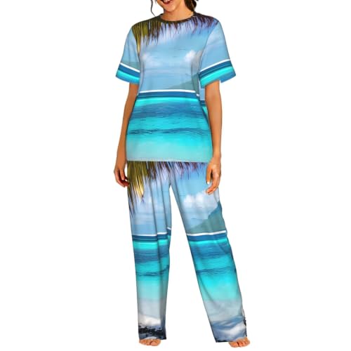Pyjama à manches courtes femme Tahiti imprimé plage vêtements de nuit amples légers