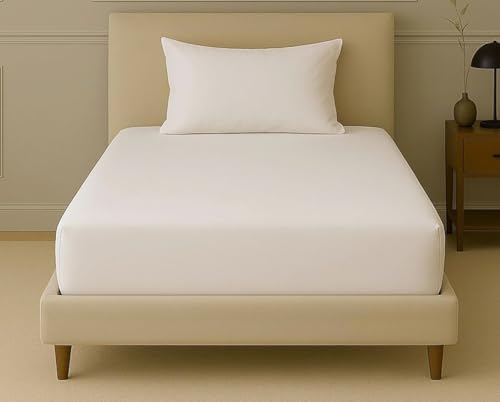 Image of Trance Home Linen 300 TC Bamboo Single Size Fitted Bedsheet | Soft, Breathable & Eco-Friendly Bedsheet with 1 Pillow Cover - (78 x 36 inch, Off White)