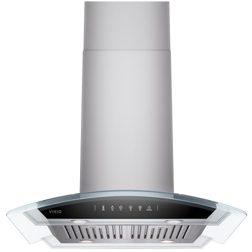 Image of VIKIO HOME 30 inch Island Mount Range Hood, 1200 CFM Upgraded Range Hood, Ducted Vent Hood with 3 Speed Fan and 4 LED Lights, Gesture Sensing&Touch Control, Stainless Steel& Tempered Glass