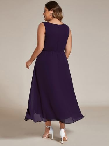 Image of Ever-Pretty Plus Women's V Neck Applique Chiffon Pleated Sleeveless Midi Plus Size Cocktail Party Dresses