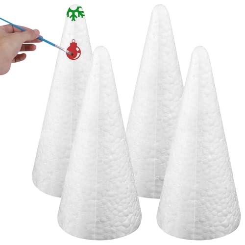 Cono de Espuma, 4 Piezas 8 x 3 Conos de Espuma Decorativos, Conos de de Poliestireno Creativos para Manualidades y Arte de Bricolaje, Suministros de Manualidades para Navidad, Escuela, Boda