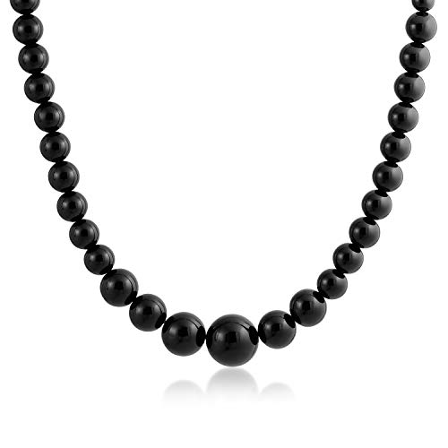 Elegant Simple Graduated Round Bead Ball Basic Black Onyx Strand Necklace Western Jewelry For Women Silver Plated Toggle Clasp 18 Inches #TOP26