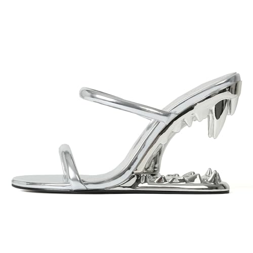 Image of Goiphrri Wedge Sandals for Women Strappy Heels Round Open Toe Heels Metallic Shark Tiger Teeth heeled Sandals Flip Flops Thong Womens Mules Slip on Party Dress Wedding Ceremony
