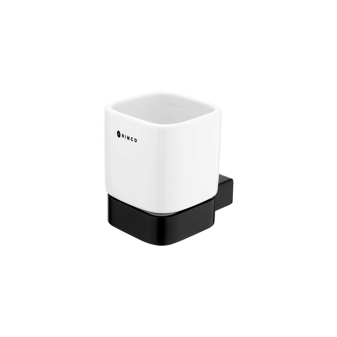 Nimco KIBO - Soporte para Cepillo de Dientes con Vaso de cerámica para Montaje en Pared, Vaso de cerámica, Acabado Cromado