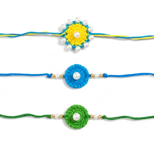 Image of Handmade Crochet Rakhi Set of 3 with Pearl Design for Boys & Kids