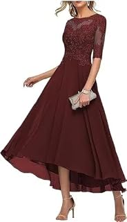 Tea Length Chiffon Mother of The Bride Dresses with Half Sleeve Lace Applique Formal Dress for Wedding FLP109