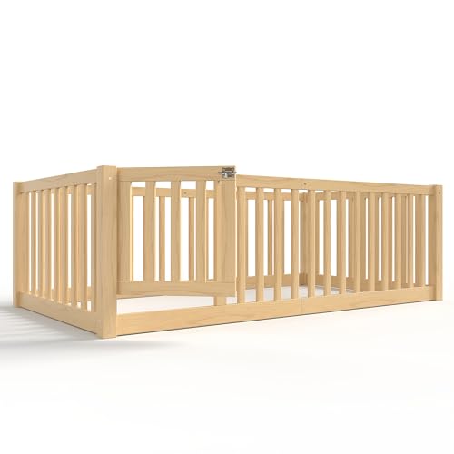 Image of Bellemave Twin Size Kids Montessori Floor Bed with Door,Solid Wood Floor Bed Frame with High Fence for Girls,Boys,Natural