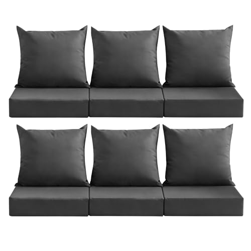 Image of Outdoor Deep Seat Cushion Set, 24x24 Inch Water-Resistant & Fade-Resistant Outdoor Chair Cushions, Patio Furniture Cushions with Removable Cover for Patio Chair, Sofa, Dark Grey (Set of 6)