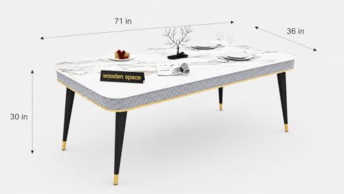Image of WOODEN SPACE 6-Seater Wooden Dining Table Set | Nano Composite Marble Top | Solid Wood Base | Modern Dining Room Furniture with 6 Chairs (Light Grey Modern Vento)