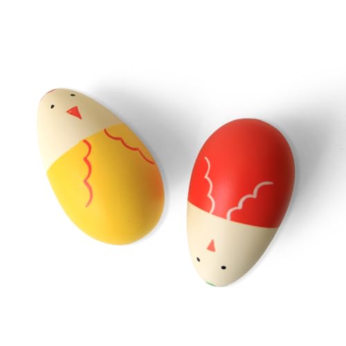 Image of Shumee Wooden Easter Egg Shakers for Babies | Baby Easter Basket Stuffers Gift | 100% Child Safe & Non-Toxic | Montessori Musical Rattle Toy | Set of 2 Maraca Eggs (Yellow & Red Dots)