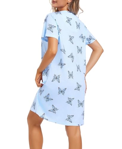 Image of ENJOYNIGHT Womens Cotton Nightgown Short Sleeve Sleepshirt Print Nightshirt | Short-Sleeve Crew Neck, Soft Cotton Fabric, Cartoon Printed Sleep Shirt, Loose Fit