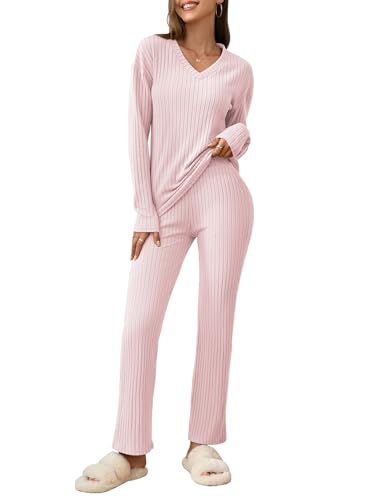 outfit spring Pigiama Donna 2 Pezzi Canelé Completo Loungewear Invernale con Maglia a Maniche Lunghe Collo a V e Pantaloni Larghi con Tasche Abbigliamento da Casa Morbido e Caldo S-2XL M Rosa