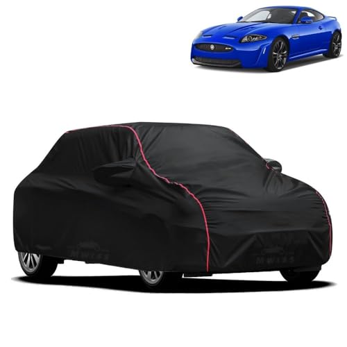 Image of Waterproof Car Cover for Jaguar XK | All-Weather Protection, Dustproof & UV Resistant | Triple Stitched Mirror Pockets, Windproof Buckle Strap with Elastic Hem, Black-Red Piping