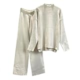 QJDFLL Lose Unregelmäßige Gestrickte Top Breite Bein Hosen Zwei Stück Set Frauen Winter(Beige,Einheitsgröße)