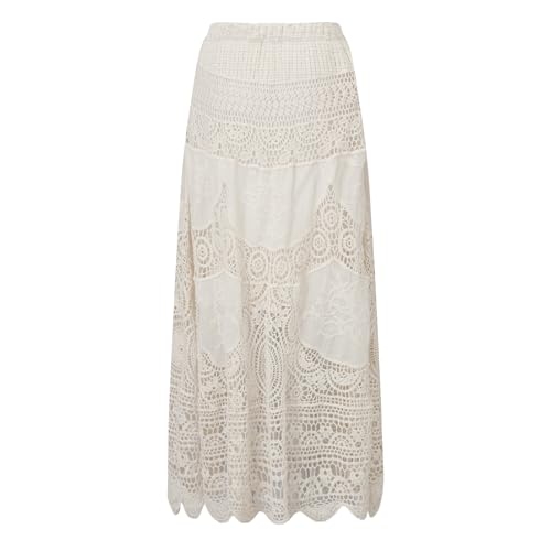 Women Bohemia Long Skirts Beach Vintage Crochet Hollow Out High Waist Skirt A-Line Ruffled Elastic Knit Skirts3