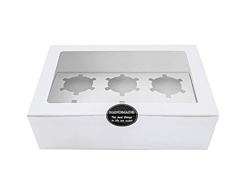 Tinbaly Paquete de 25 Cajas Blancas para Cupcake – Recipientes para Bollería con Soporte de Seguridad con 6 Aberturas y Grande Ventana Transparente para Magdalenas y Galletas Incluye 30 Pegatinas
