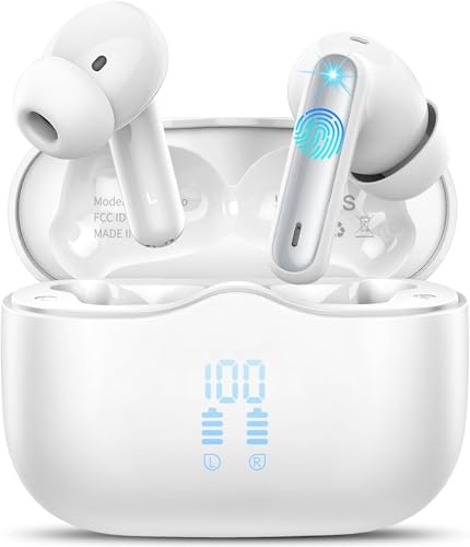Cuffie Bluetooth, Auricolari Bluetooth 5.4 Stereo HiFi Immersivo, 40 Ore Cuffie Wireless in ear con 4 ENC Noise Cancelling Mic, Cuffiette Bluetooth IP7 Impermeabili, Touch Control, LED, USB-C, Bianco