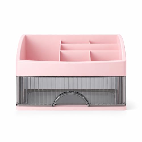 Image of HoopVool Desk Makeup Organizer, Pink, 1-Layer, Plastic Storage Box with Sliding Drawer, Stylish Display Case for Cosmetics, Lotion, Nail Polish, Brushes, and Jewelry