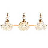 ZILANL Gold Crystal Vanity Light 3 Lights Bathroom Vanity Light Fixture Brushed Brass Finish Vintage Gold Wall Sconce Light with Crystal Glass Shade