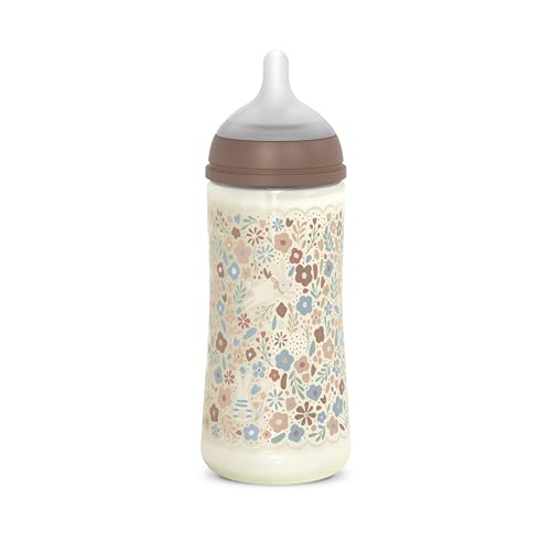 Suavinex, Biberón 360 ml, con Tetina Fisiológica SX Pro de Silicona, con válvula Anticólico, de Flujo Denso (L), para Líquidos Densos, Apto Papillas Líquidas. Bebés +6 Meses. Wonder, Flores, Beige