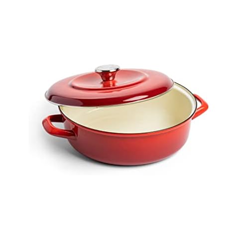 Merten & Storck German Enameled Iron, Shallow Round 26 cm/3.8 Litre Dutch Oven with Lid, Induction,Lava Red Cover