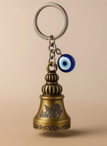 Image of Evil Eye Bell Keychain, Metal, Antique Vintage Style, Nazar Protection Lucky Charm, Unisex Key Ring for Car, Bike, Bag
