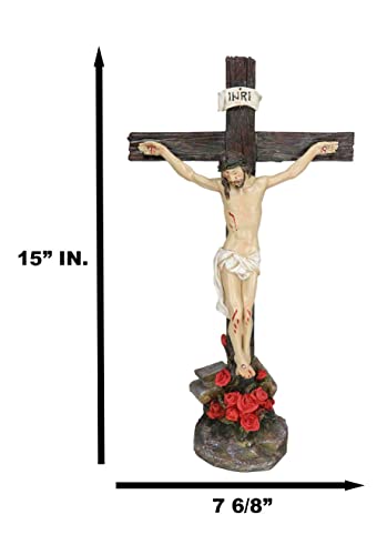 Ebros INRI Jesus Christ Crucified On The Cross With Solemn Rose of Sharon Base Decorative Crucifix Desktop Statue 15.25