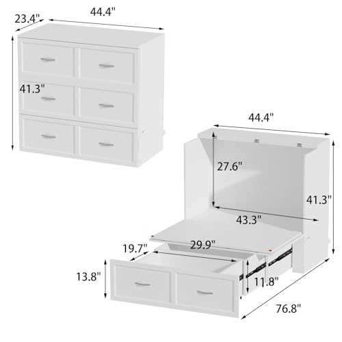 FAMAPY Twin Murphy Bed with Built-in Charging Station, Space-Saving Murphy Bed Twin with Drawer, Foldable Bed Murphy Bed Chest for Home Office Guest Room Bedroom White, 76.8”L x 44.4”W x 41.3”H - Thumbnail 7