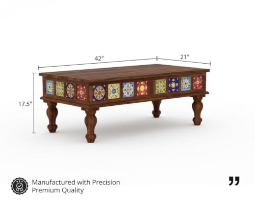 Image of JEENWOOD Sheesham Wood Rectangle Center Coffee Table for Living Room | Centre Table for Drawing Room, Office & Home | Multicolor Tiles Design| Walnut Finish