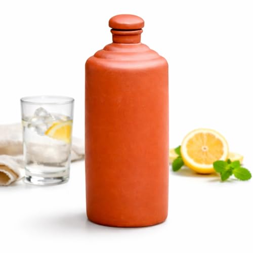 Clay Water Bottle – Terracotta Drink Bottle With Lid, 500ml Earthen Drinking Bottle for Home, Desk...