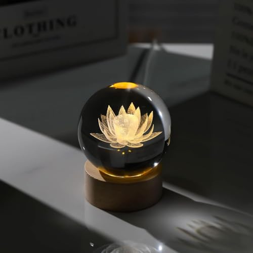 Image of 3D Crystal Ball LED Night Lamp with Wooden Base | Warm Light Bedside Table Lamp for Bedroom, Living Room, Kids Room, Study, Home Decoration & Gifting (Lotus)