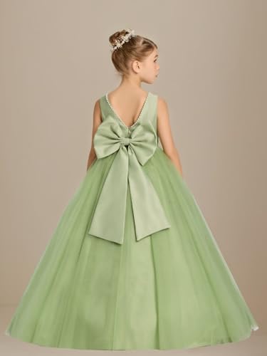 Satin Tulle Flower Girl Dress for Wedding Girl's Pearls Formal First Communion Dresses with Bowknot3