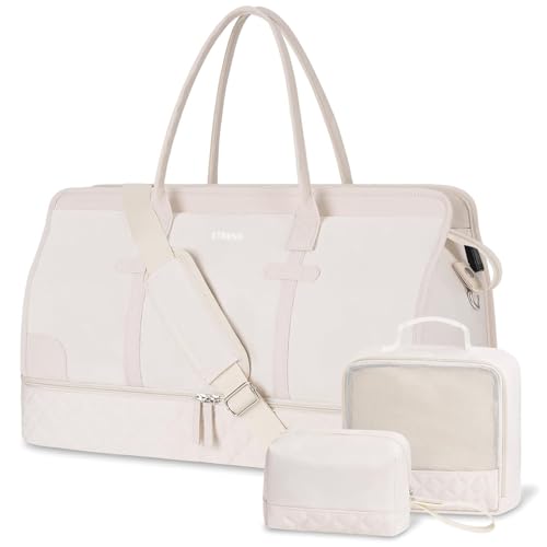ETRONIK Weekender Overnight Bag for Women, Large Travel Duffle Bag with Shoe Compartment & Wet Pocket, Carry On Tote Bag Gym Duffel Bag with Toiletry Bag, Bag for Hospital 4 Pcs Set, Beige