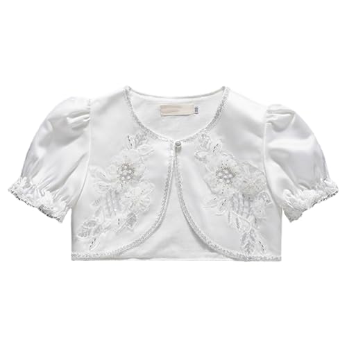 Sywiyi Kids Girls Short Puff Sleeve Bolero Cardigan Shrug One-Button Cropped Jacket Satin Shawl Tops2