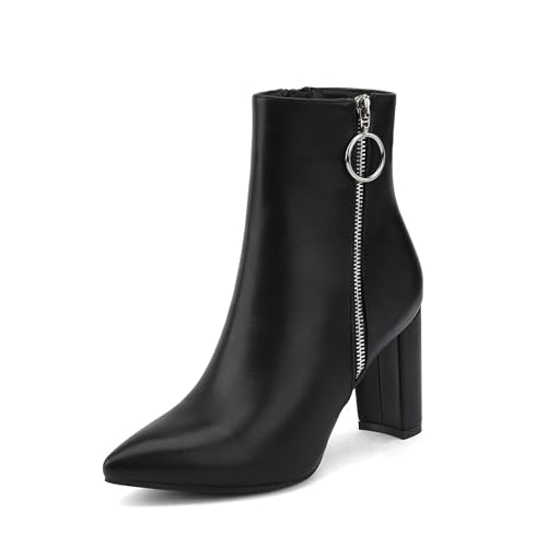 DREAM PAIRS Women's Chunky Heel Ankle Booties Pointed Toe Short Boots,Size 7,Black/Pu-3,SIANNA-3