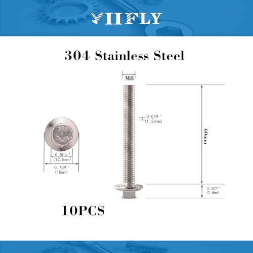 Image of M8x1.25 x 60mm Flanged Hex Head Bolts, 304 Stainless Steel (A2-70), Bright Finish, Fully Threaded, Hexagon Head Flange Bolts, Quantity 10
