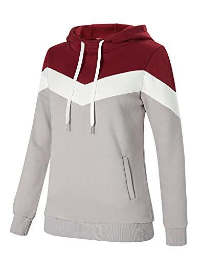 Rave on Friday Sudadera de Mujer Patchwork Sudadera con Capucha de Manga Larga Jersey de algodón Rojo Gris Color Block Jumper Tops con Bolsillos y cordón para otoño e Invierno, S Cover