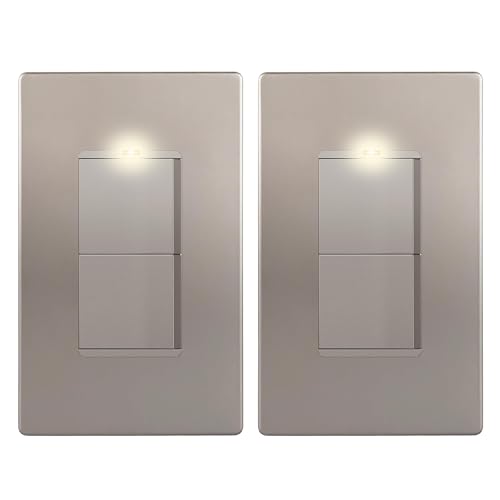 Image of LIDER Lighted Double Switch with Screwless Wall Plate, Combination Frameless Decorator Switch with Locator Light, Ground Terminal Single Pole, 15A 120V, UL Listed, Thermoplastic, Matte Nickel, 2-Pack