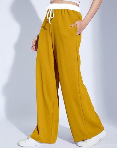 Image of Mehrang Wide Leg Drawstring Pants, with Contrast Waist Band || Casual Lounge Wear Side with Pockets, High Waisted, Relaxed Fit Trouser for Women