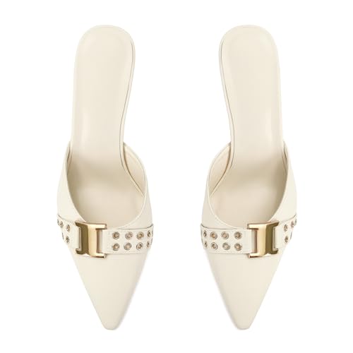 Image of DOEYG Women Pointed Toe Bow Heels Mules Slip on Stiletto Heels Sandals Dress Party Wedding Studded Heels Pumps