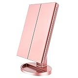Espejo de maquillaje de tocador iluminado triple con luces LED, pantalla táctil de atenuación y aumento de 2X/3X, espejo de mesa cosmético, espejo de maquillaje de viaje, regalo para dama (oro rosa)