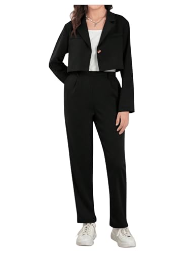 Image of Milumia Girl's 2 Piece Outfits Lapel Collar Button Open Front Long Sleeve Blazer and Pants Set Black 14 Years