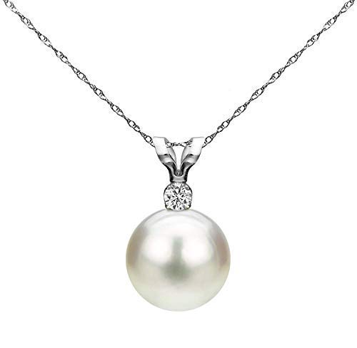 14k Gold Single 7-7.5mm White Cultured Freshwater Pearl and Diamond Pendant Necklace (G-H, SI1-SI2) - Choice of Gold Color and Diamond Size Teacher appreciation gifts