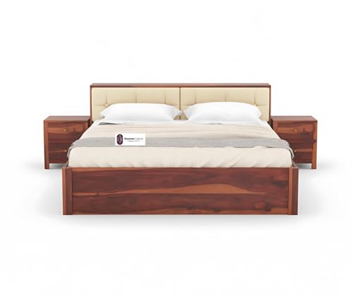 Image of Sheesham Wood King Size Bed with Box Storage and Cream Upholstered Headboard Solid Wooden Double Bed Furniture for Bedroom (Honey, Headboard King 1)