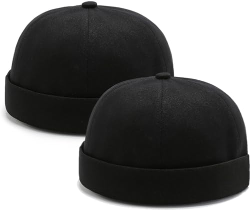 Lot de 2 Casquettes Docker sans Visière pour Hommes et Femmes – Bonnet Marin Rétro en Coton avec Bord Roulé Chapeau Brimless Travailleur Noir