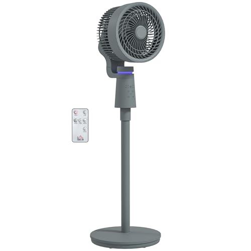 HOMCOM 7 Pedestal Fan, 70°+90° Oscillating Air Circulator with Remote Control, 7H Timer, 3 Speeds, Standing Fan for Home Office, Bedroom, Grey